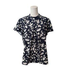 Brooks Brothers Women's 16 Navy Blue Floral Cap Sleeve High Neck Career Blouse